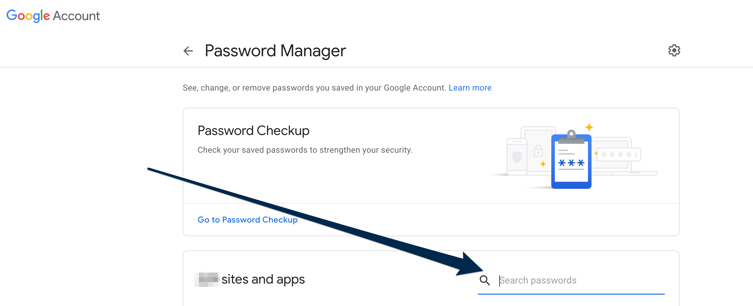 View of the Google Account, Password Manager page with an arrow pointing at the Search Passwords search box