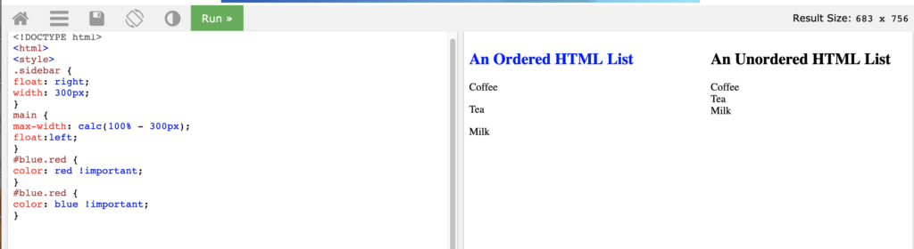 On the right the heading for 'an ordered html list' with a class of red and an id of blue is blue and the heading for 'an unordered html list is black'. On the left the style #blue.red is set to color: red!important; then #blue.red style is set to blue !important;