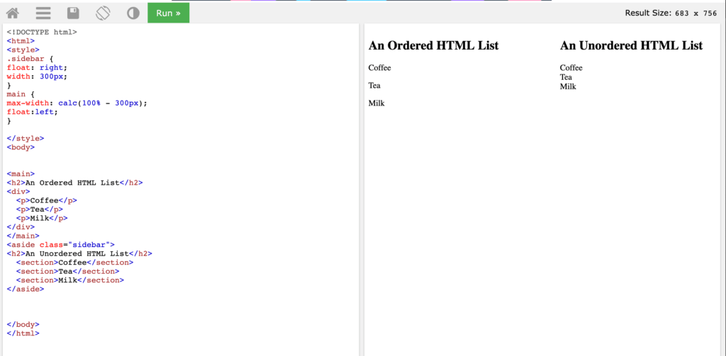 On the right the heading for 'an ordered html list' with that is black and the heading for 'an unordered html list is black'.