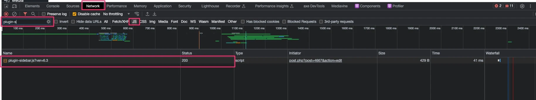 chrome devtools network tab shows the plugin-sidebar.js file loaded with a 200 status code