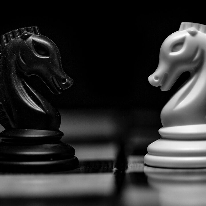 black and white image of a black and white knight chess piece facing each other on a chess board