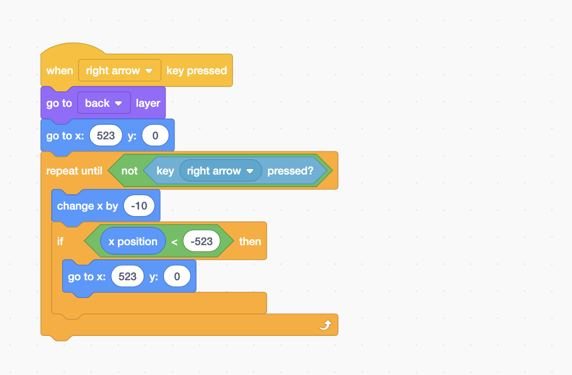 Blocks from top down:
1. when right arrow key pressed
2. go to back layer
3. go to x 523 y 0.
4. repeat until not key right arrow pressed
5. change x by -10
6. if x position is less than -523 then
7 go to x 523 y 0